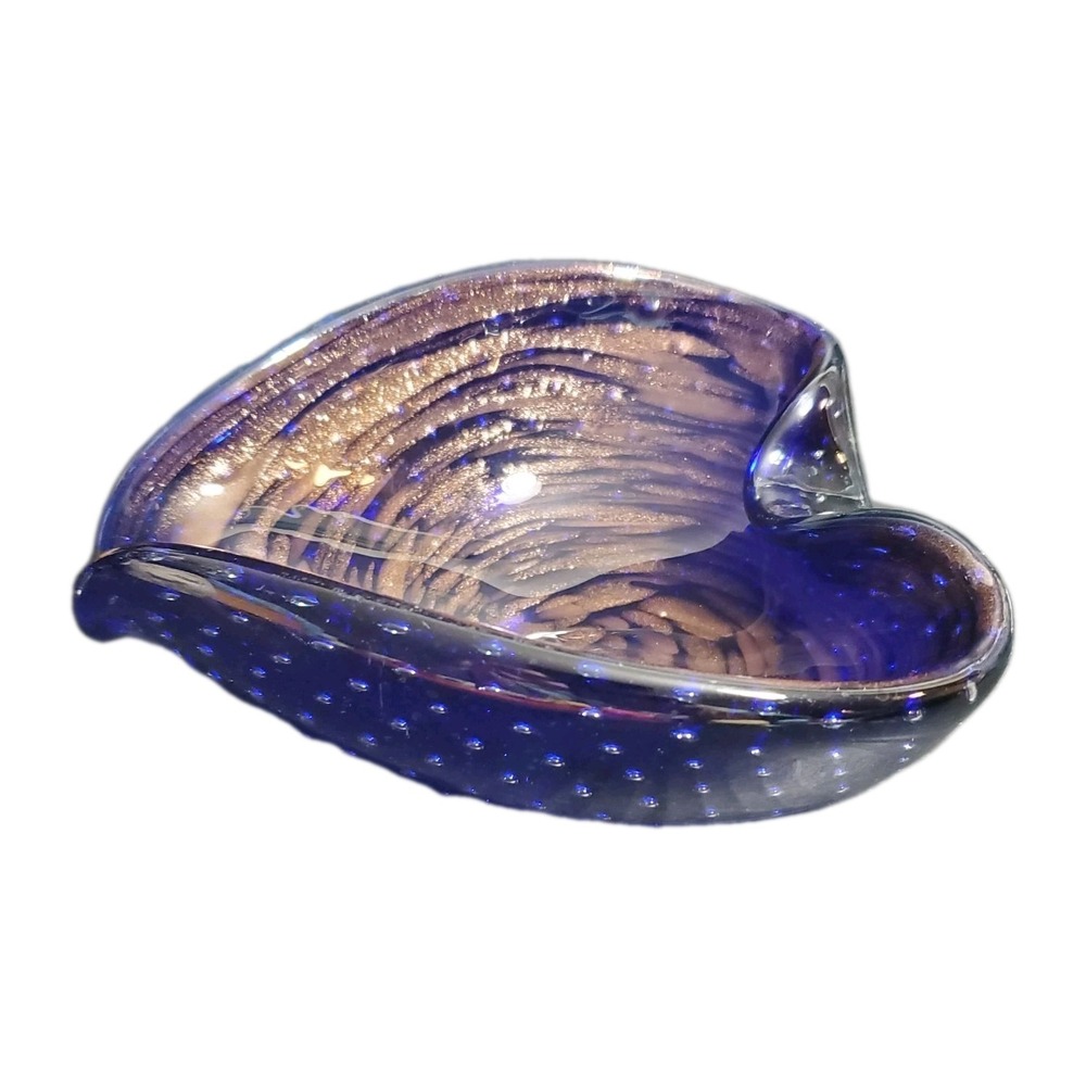 Vtg Murano Art Glass Cobalt Blue & Gold Bullicante‎ Heart Shaped Bowl MCM *READ